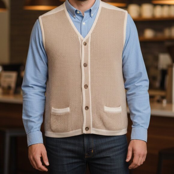 Vtg 90s Eddie Bauer XL Waffle Knit Grandpa Vest Linen Blend Oversized - Picture 1 of 10